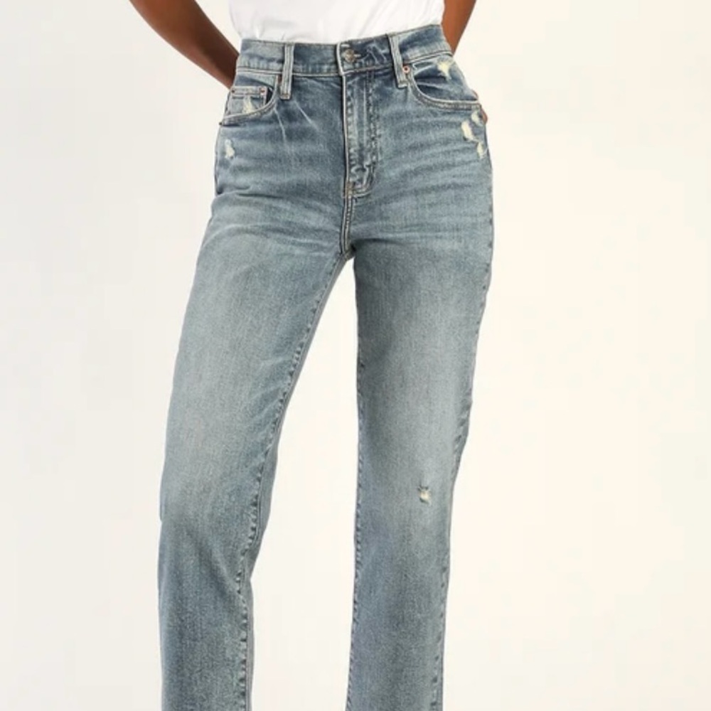 Daze Denim Straight Up Medium Wash Distressed High Rise Straight Jeans